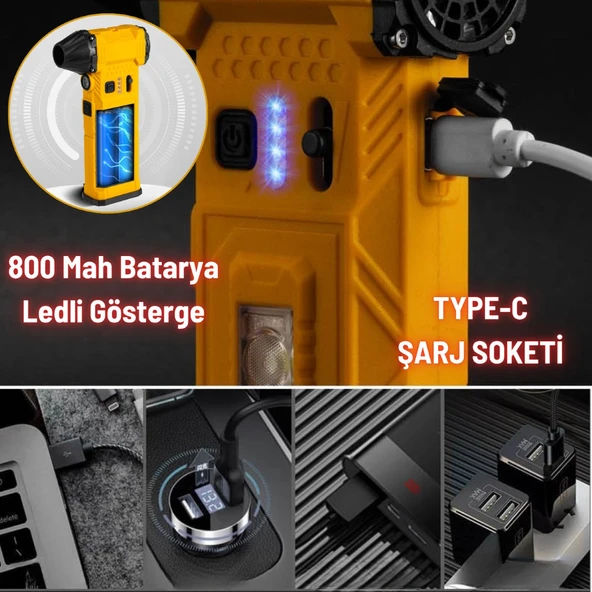 Şarjlı  Jet Turbo Fan Araç Kurutucu Led Işık Çakar İkaz Devir Ayarlı Mangal Üfleme Klavye Temizleme - 6