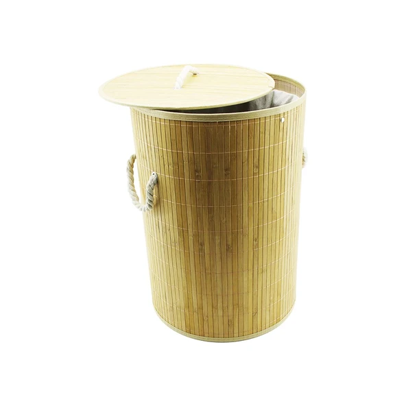 YUVARLAK - Ç: 34 - Y : 49CM BAMBU HASIR KİRLİ ÇAMAŞIR SEPETİ - ORGANİZER SEPET KAPAKLI - TAŞIMA İPLİ (4401)
