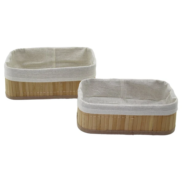 2Lİ   DİKDÖRTGEN   BAMBU KENAR  ORGANİZER SEPET AHŞAP ALTLIK - BEZLİ 19X27X10CM - 15X24X8CM (4401)