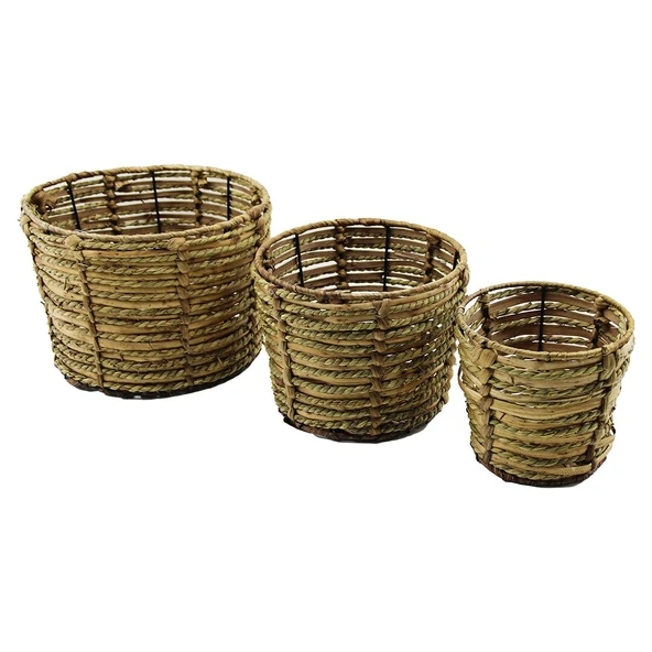 METAL İSKELETLİ 3 BOY YUVARLAK HASIR ORGANİZER SEPET Ç: 14-19-25CM - Y: 14-16-18CM (4401)