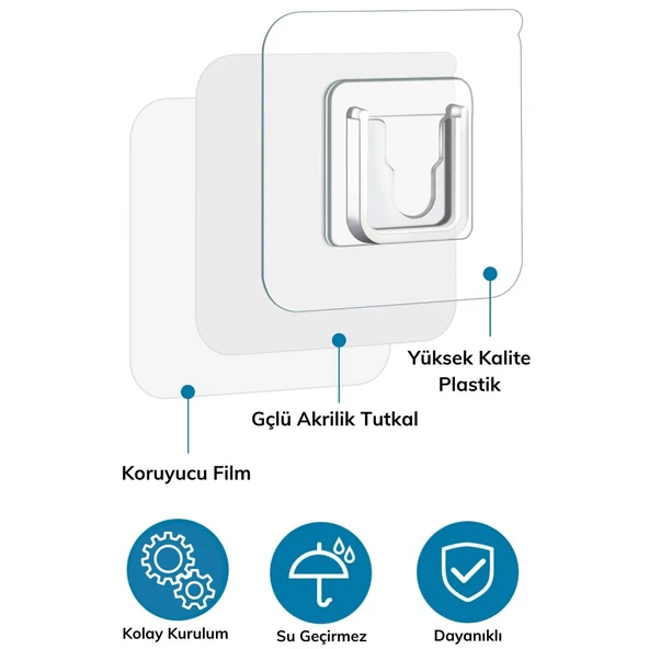 Eşya Sabitleme Askısı 10 Çift Şeffaf Çift Taraflı Yapışkanlı Geçmeli Klips (4401) - 4