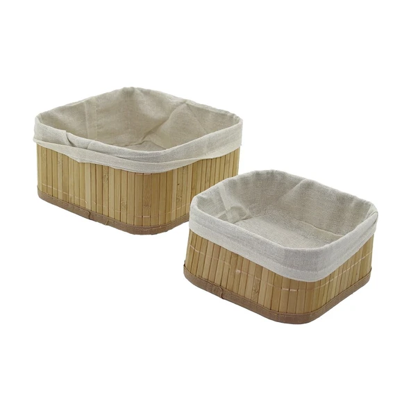 2Lİ   KARE   BAMBU KENAR  ORGANİZER SEPET AHŞAP ALTLIK - BEZLİ 21X21X10CM - 17X17X8CM (4401)