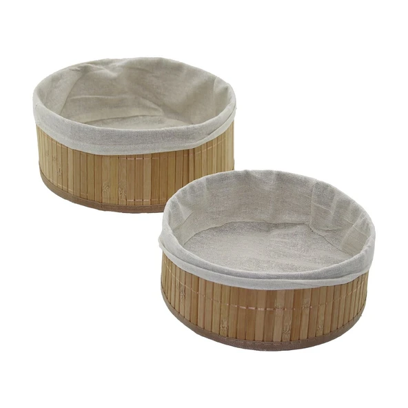 2Lİ YUVARLAK BAMBU KENAR ORGANİZER SEPET AHŞAP ALTLIK - BEZLİ Ç:24.5CM Y:10CM - Ç:20CM Y:8CM (4401)