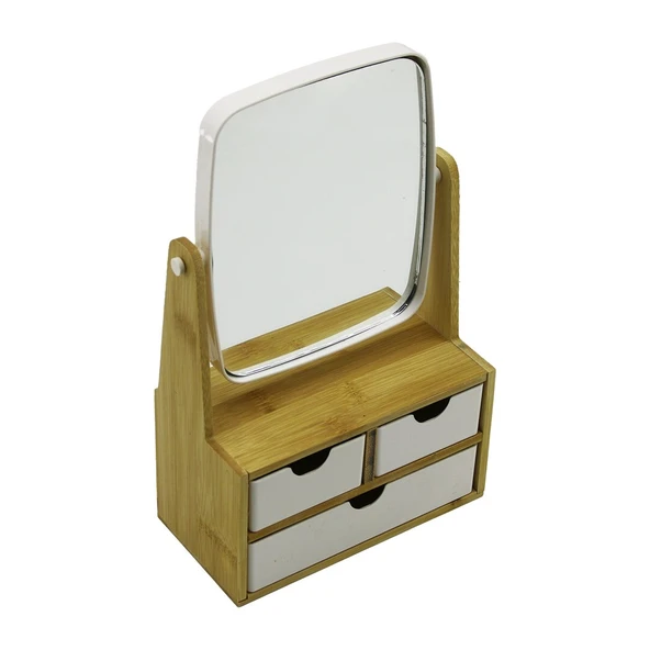 3 ÇEKMECELİ BAMBU AHŞAP STANDLI=9X9.5X18X21.5CM MAKYAJ AYNASI=15X18CM TAKILIK 2+1 ORGANİZER (4401)