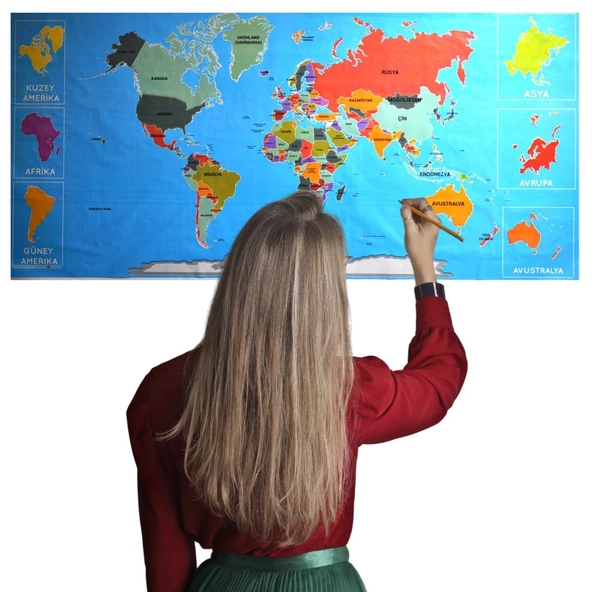 Renkli Atlas Dünya Haritası Manyetik Yapıştırıcı Gerektirmeyen Duvar Stickerı 118 CM * 56 CM (4401) - 2