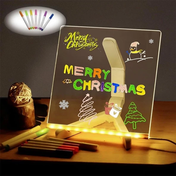 LED Işıklı Kendiliğinden Renkli Fosforlu Kalemli Kare Yazı Panosu 20x20 cm (4401)