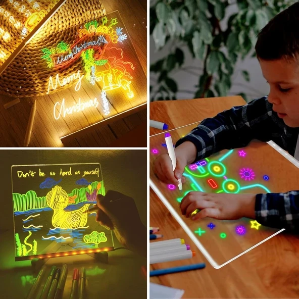 LED Işıklı Kendiliğinden Renkli Fosforlu Kalemli Kare Yazı Panosu 20x20 cm (4401) - 4