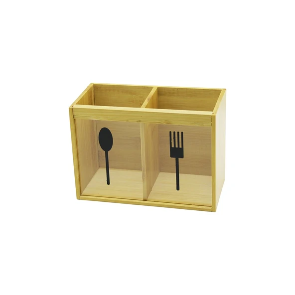 2 X KARE BÖLMELİ AHŞAP BAMBU KAŞIKLIK ŞEFFAF PVC PENCERELİ 2 X 9X9CM (4401)