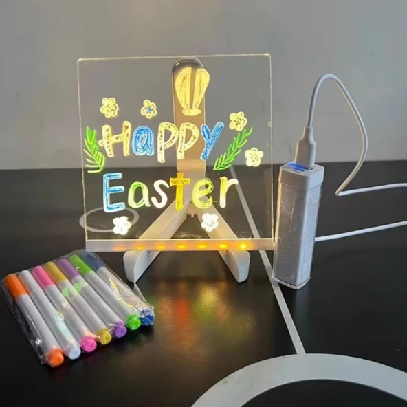 LED Işıklı Kendiliğinden Renkli Fosforlu Kalemli Kare Yazı Panosu 20x20 cm (4401) - 2