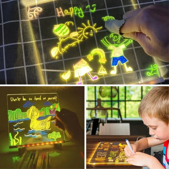 LED Işıklı Kendiliğinden Renkli Fosforlu Kalemli Kare Yazı Panosu 20x20 cm (4401) - 5