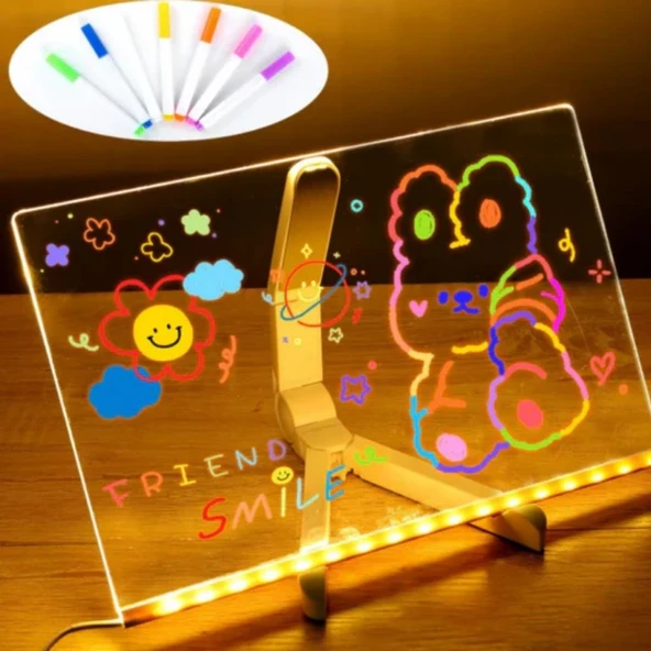 LED Işıklı Kendiliğinden Renkli Fosforlu Kalemli Dikdörtgen Yazı Panosu 20x30 cm (4401)