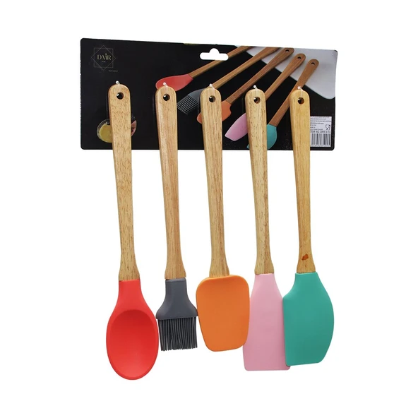 5 PARÇA AHŞAP SAPLI BÜYÜK RENKLİ SİLİKON MUTFAK SET FIRÇA - KAŞIK - SERVİS K. - SPATULA - KARIŞTIRICI (4401)