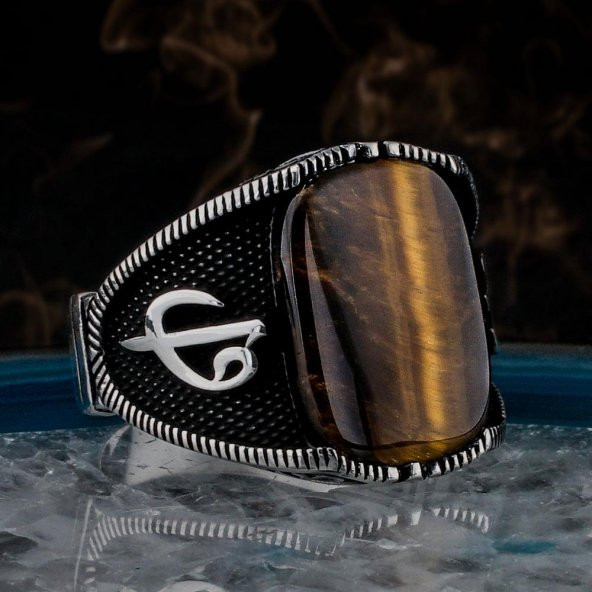 Elif Vav Tasarımlı Kaplangözü Taşlı 925 Ayar Gümüş Erkek Yüzük ürün görseli 1