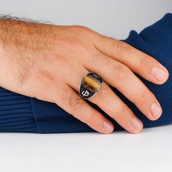Elif Vav Tasarımlı Kaplangözü Taşlı 925 Ayar Gümüş Erkek Yüzük - Resim 2