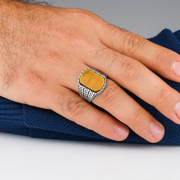 Örgü Desenli Kaplangözü Taşlı 925 Ayar Gümüş Erkek Yüzük - Resim 2