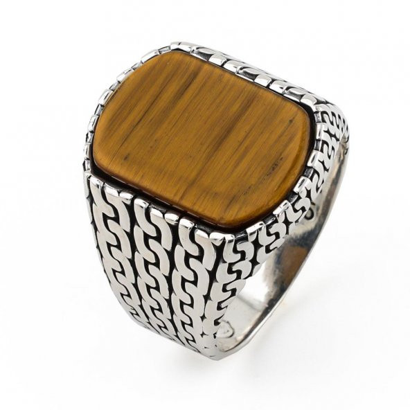 Örgü Desenli Kaplangözü Taşlı 925 Ayar Gümüş Erkek Yüzük - Resim 3