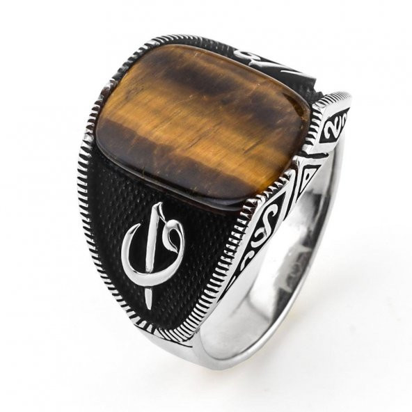 Elif Vav Tasarımlı Kaplangözü Taşlı 925 Ayar Gümüş Erkek Yüzük - Resim 3