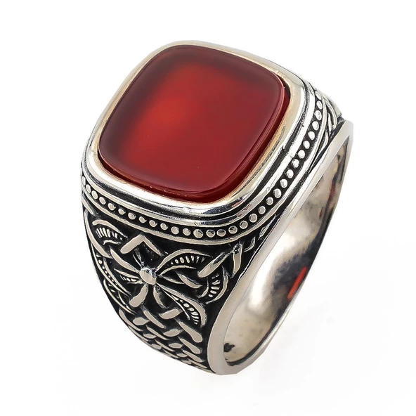 Kırmızı Kare Akik Taşlı 925 Ayar Gümüş Erkek Yüzük - Resim 3