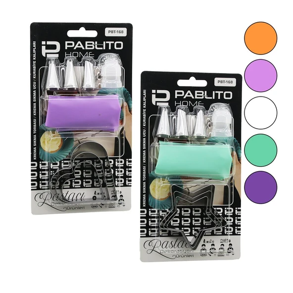 8PCS PASTA SÜSLEME DEKORASYON SETİ=KREMA TORBASI - METAL UÇ - KURABİYE KALIP=KALP-YILDIZ (4401)