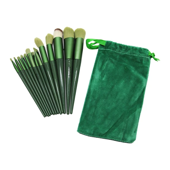 13PCS YEŞİL KADİFE TORBALI MAKYAJ FIRÇA SET (4401)