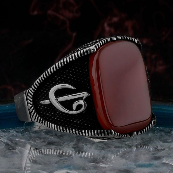 Eli Vav Tasarımlı Kırmızı Akik Taşlı 925 Ayar Gümüş Erkek Yüzük ürün görseli 1