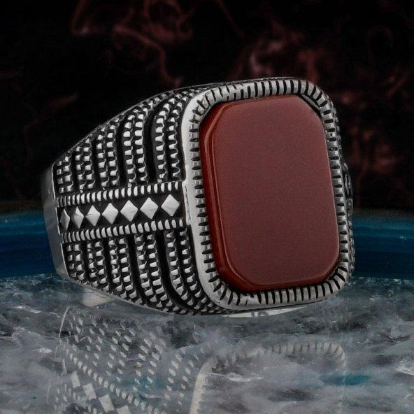 Kırmızı Akik Taşlı 925 Ayar Gümüş Erkek Yüzük ürün görseli 1