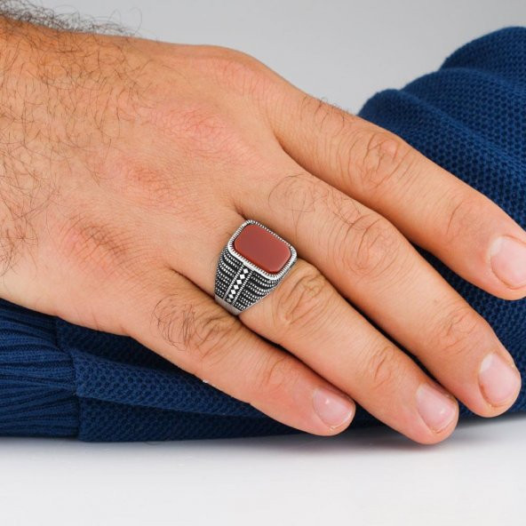 Kırmızı Akik Taşlı 925 Ayar Gümüş Erkek Yüzük - Resim 2