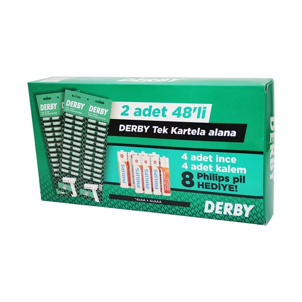DERBY TEK BIÇAK KARTELALI JİLET 96 PARÇA 4 KALEM 4 İNCE PİL HEDİYELİ (4401)