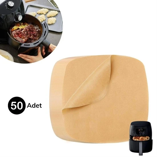 50 Adet Air Fryer Pişirme Kağıdı Tek Kullanımlık Yağ Su Geçirmez Yapışmaz Deliksiz Düz Kare Model (4401)