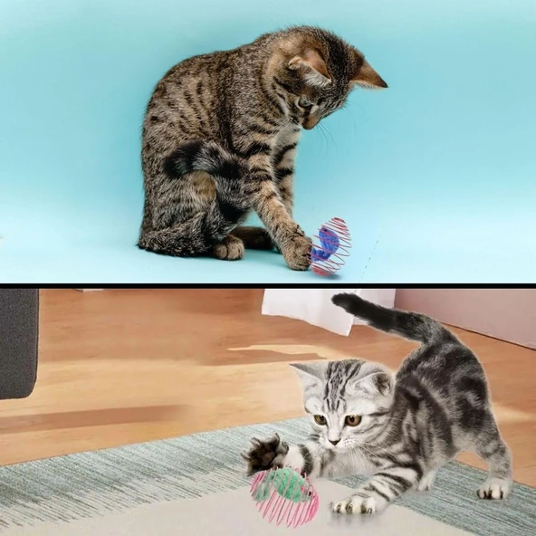 Yaylı Metal Fareli Kafes Kedi Oyun Topu Sıçrayan Spiral Kedi Topu (4401) - 2