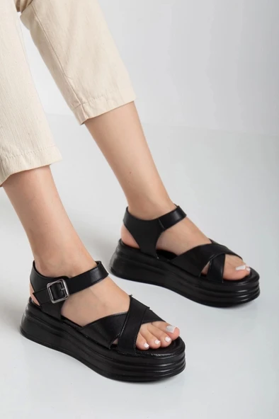 Sibna Siyah Cilt Kemerli Sandalet - 2