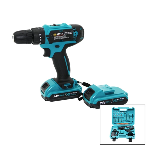 MAVİ 1250 RPM BN-5 F-136 CORDLESS DRILL FULL ŞARJLI=24V=5.0Ah - 2 BATARYA MATKAP SETİ ÇANTALI (4401)