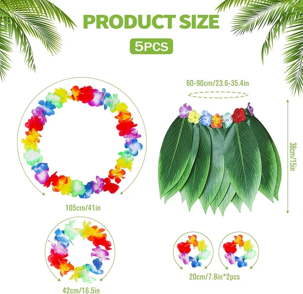 Yetişkin Hawaii Kostüm Seti - Yaprak Etek Hawaii Set - 5 Parça - 2
