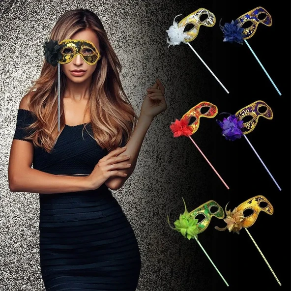 Lüks Taşlı Saplı Maskeli Balo Maskesi Mor Renk 35 cm - 2