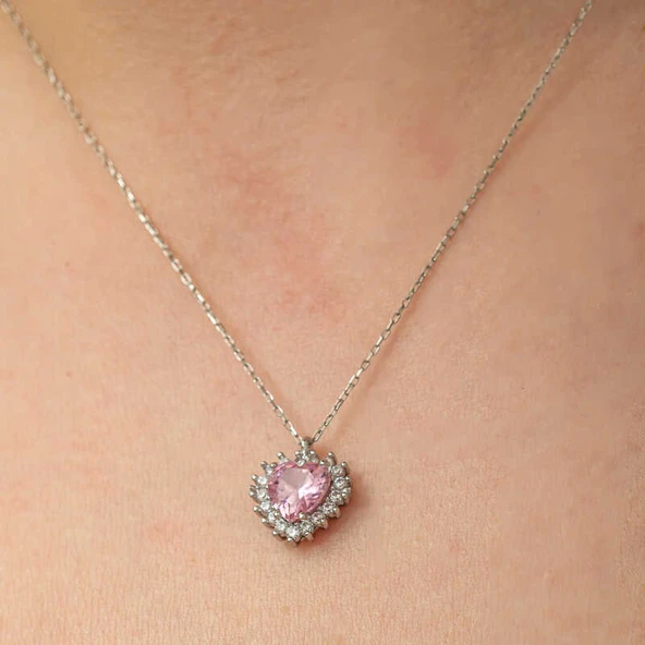 Gümüş Pembe Taşlı Kalp Kadın Kolye - 4