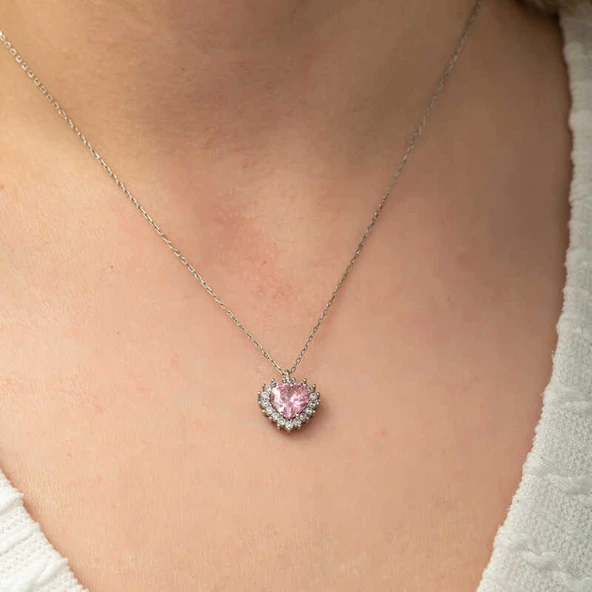 Gümüş Pembe Taşlı Kalp Kadın Kolye - 3