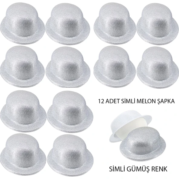 Gümüş Renk Simli Melon Yuvarlak Parti Şapkası 12 Adet - 1