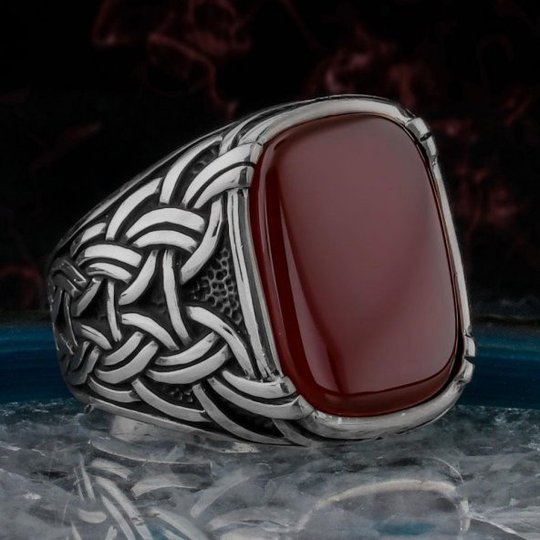 Oval Dikdörtgen Tasarımlı Kırmızı Akik Taşlı Gümüş Erkek Yüzük ürün görseli