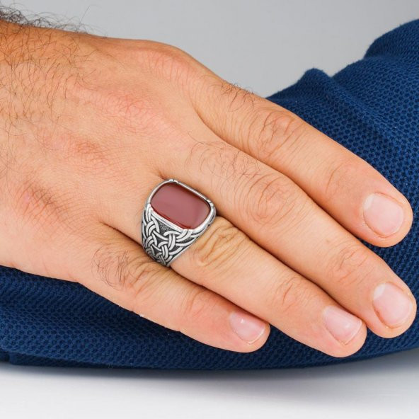 Oval Dikdörtgen Tasarımlı Kırmızı Akik Taşlı Gümüş Erkek Yüzük - Resim 2