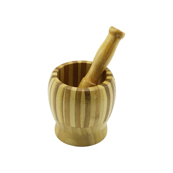 AHŞAP BAMBU - ÇİZGİLİ HAVAN SARIMSAK DÖVECEK Ç: 9.5CM--D: 6.6CM--Y:10.5CM FİLELİ AMBALAJ (4401)