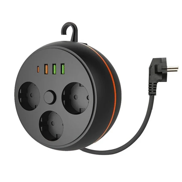 3 Adet Soket,3 Adet USB ve 1 Adet Type-C Girişli Termal Akım Korumalı Makaralı Priz 3395 (4401)