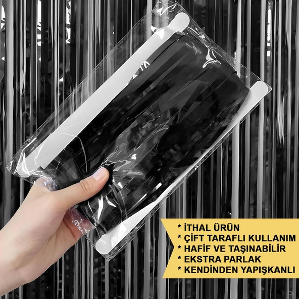 Siyah Renk Ekstra Metalize Parlak Saçaklı Arka Fon Perde İthal A Kalite 1x2 Metre (4401) - 5