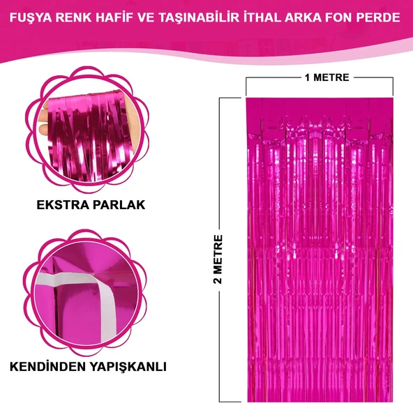 Fuşya Renk Ekstra Metalize Parlak Saçaklı Arka Fon Perde İthal A Kalite 1x2 Metre (4401)
