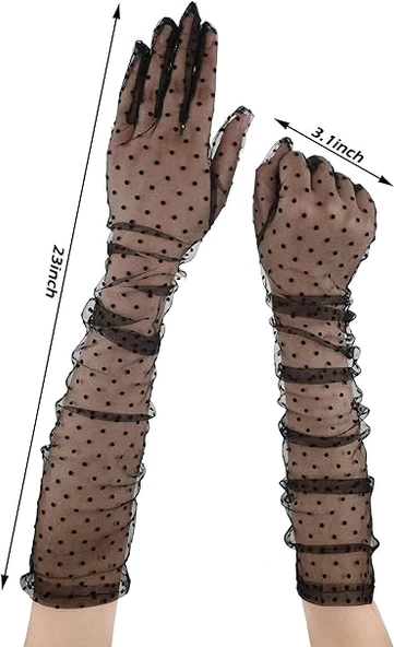 Uzun Boy Siyah Puantiyeli Siyah Renk Yetişkin Tül Eldiven 55 cm (4401) - 5