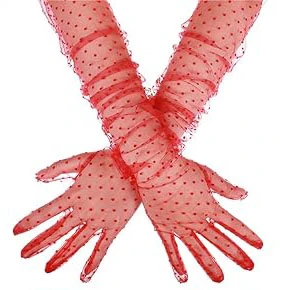 Uzun Boy Kırmızı Puantiyeli Kırmızı Renk Yetişkin Tül Eldiven 55 cm (4401)