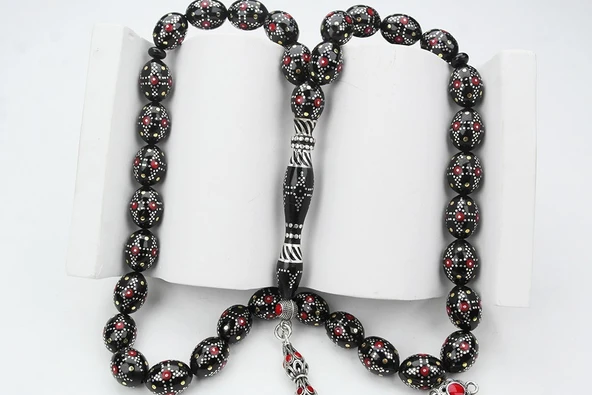 Kule Model Gümüş İşlemeli Oltu Sıkması Tespih - Resim 3