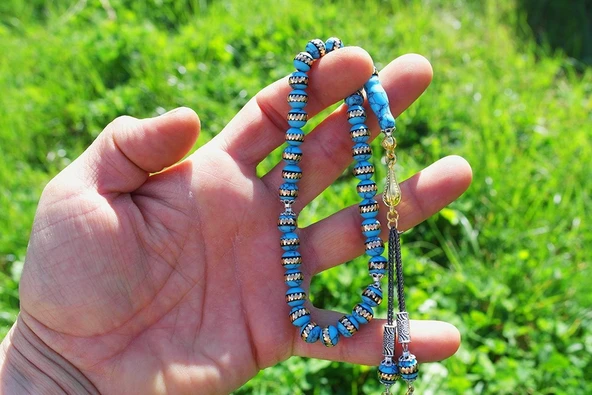 Turkuaz (Firuze) Pirinç Sarma İşlemeli Tespih - 3