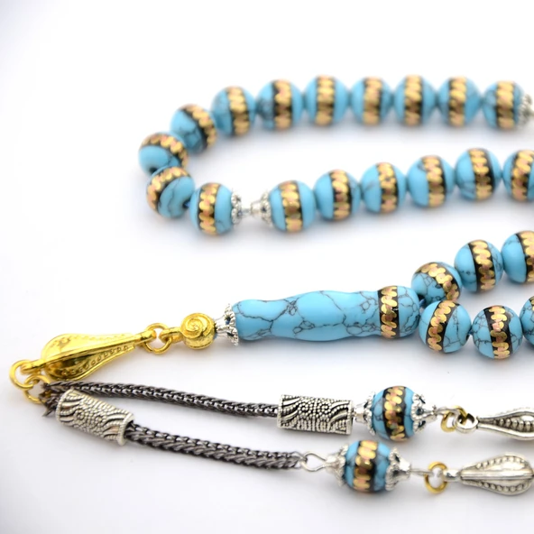 Turkuaz (Firuze) Pirinç Sarma İşlemeli Tespih - 5