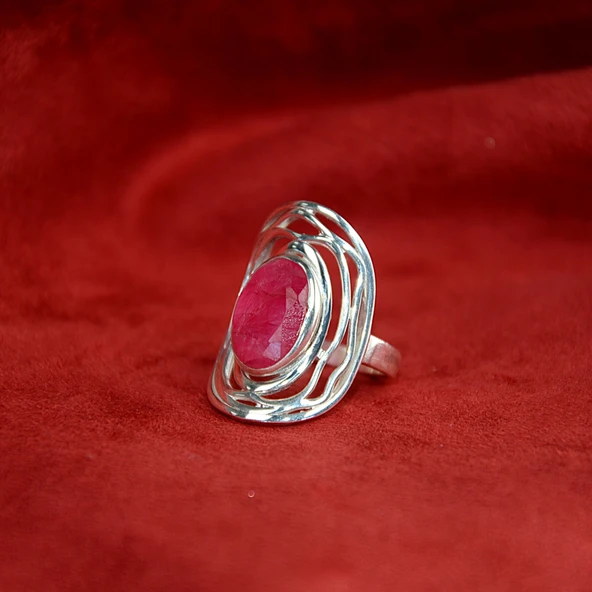 Yakut Taşlı Gümüş Yüzük - 3