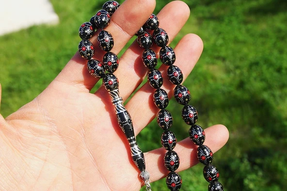 Kule Model Gümüş İşlemeli Oltu Sıkması Tespih - Resim 9